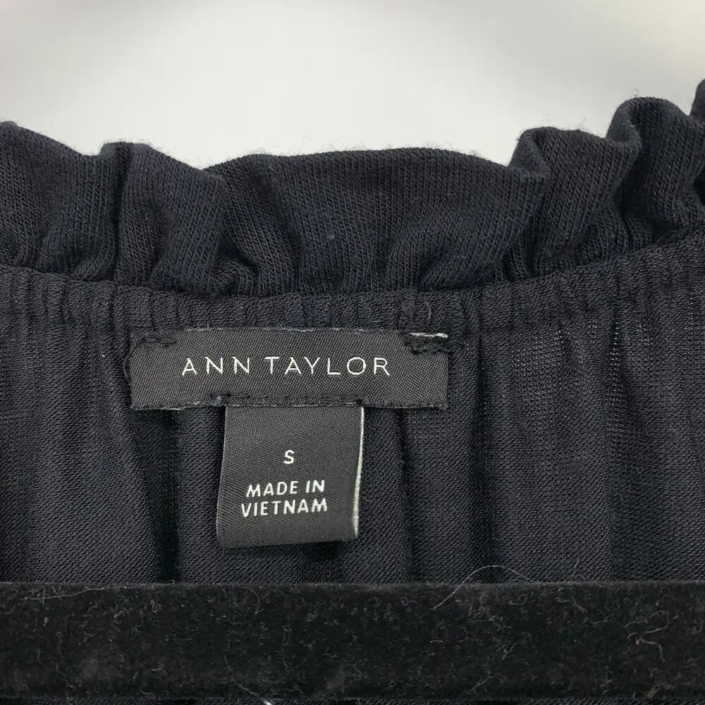 Ann Taylor 3/4 Sleeve Ruffle Tie Neck Blouse Womens Size Small Black